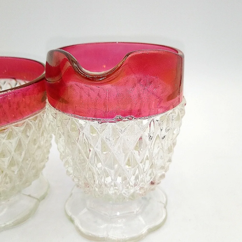 Indiana Glass Ruby Flash Diamond Point Pressed Glass Creamer Sugar Bowl Vintage